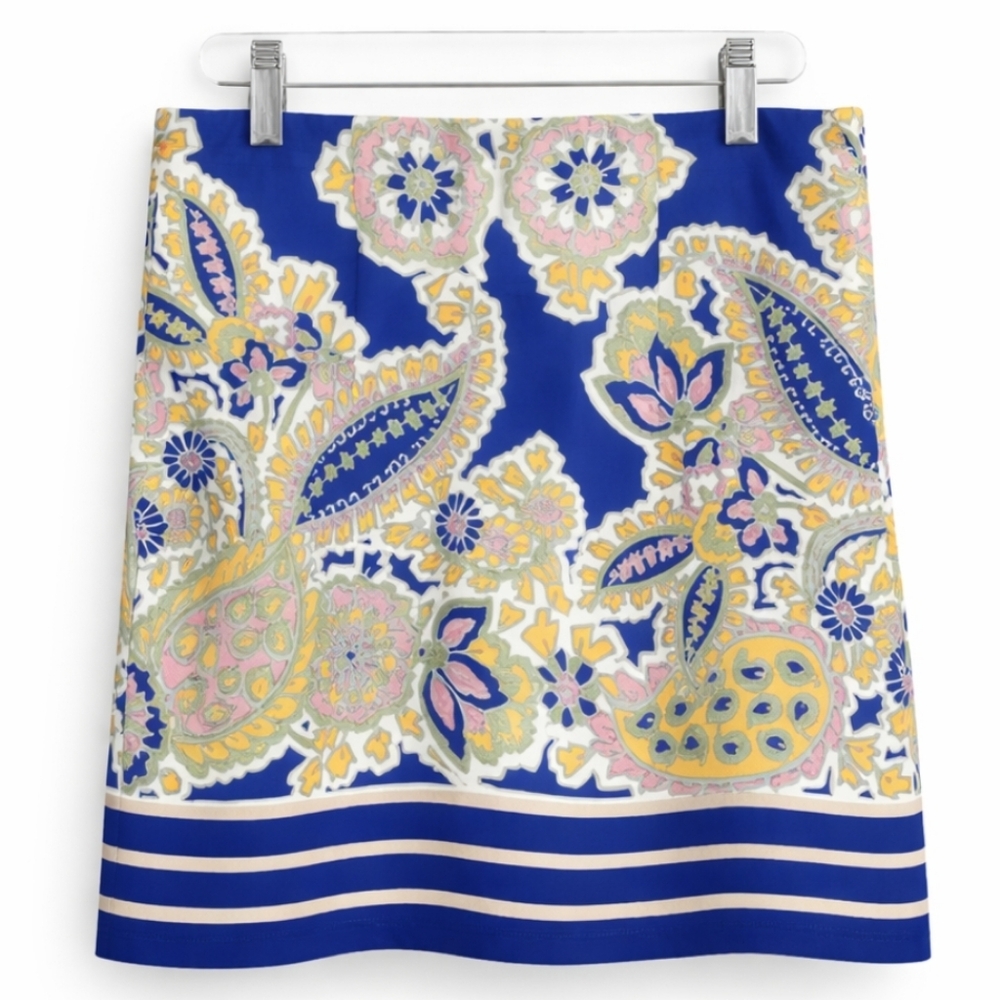 Zara Multicolor Paisley Print Mini Skirt Blue Border Hem Sz Sm